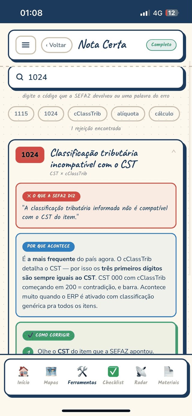 Buscador de rejeições: digitando 1024 e recebendo a correção