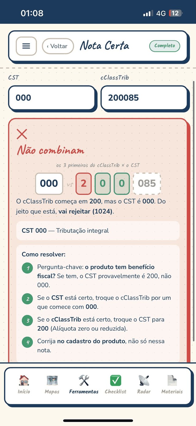 Verificador CST x cClassTrib mostrando que os códigos não combinam