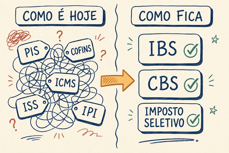Quadro Antes x Depois da Reforma: PIS, COFINS, ICMS, ISS, IPI viram IBS, CBS e Imposto Seletivo