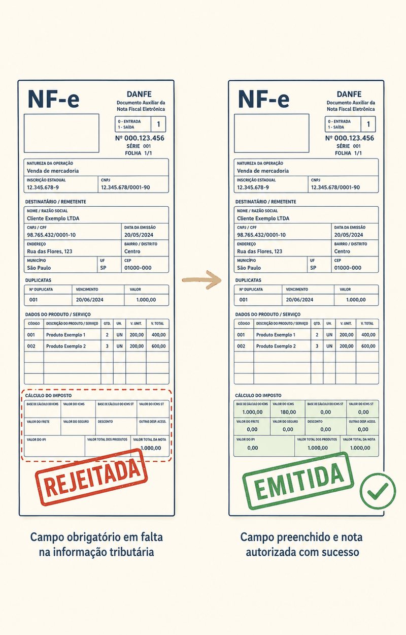 Nota fiscal rejeitada e depois emitida com os campos da reforma preenchidos